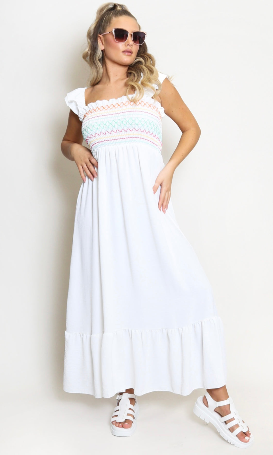 White Square Neck Shirred Rainbow Maxi Dress