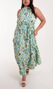 GREEN AND BLUE HALTER NECK PAISLEY MAXI DRESS