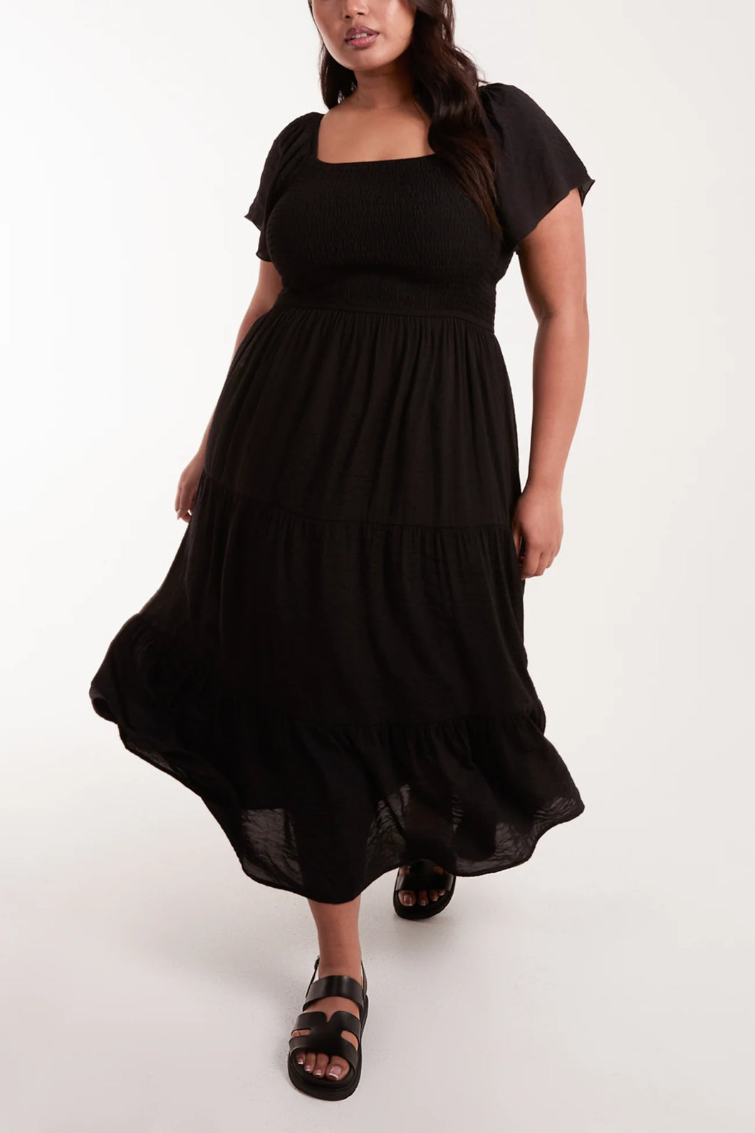 BLACK CURVE SQUARE NECK FLUTTER SLEEVE DRESS