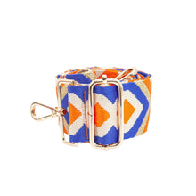 Load image into Gallery viewer, Woven Aztec Print Metallic Wide Bag Strap in Orange &amp; Blue