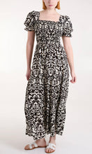 Load image into Gallery viewer, BLACK DAMASK PRINT PUFF SLEEVE SQUARE NECK DRESS