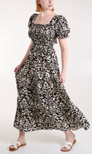 Load image into Gallery viewer, BLACK DAMASK PRINT PUFF SLEEVE SQUARE NECK DRESS