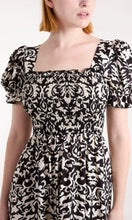 Load image into Gallery viewer, BLACK DAMASK PRINT PUFF SLEEVE SQUARE NECK DRESS