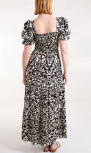 Load image into Gallery viewer, BLACK DAMASK PRINT PUFF SLEEVE SQUARE NECK DRESS