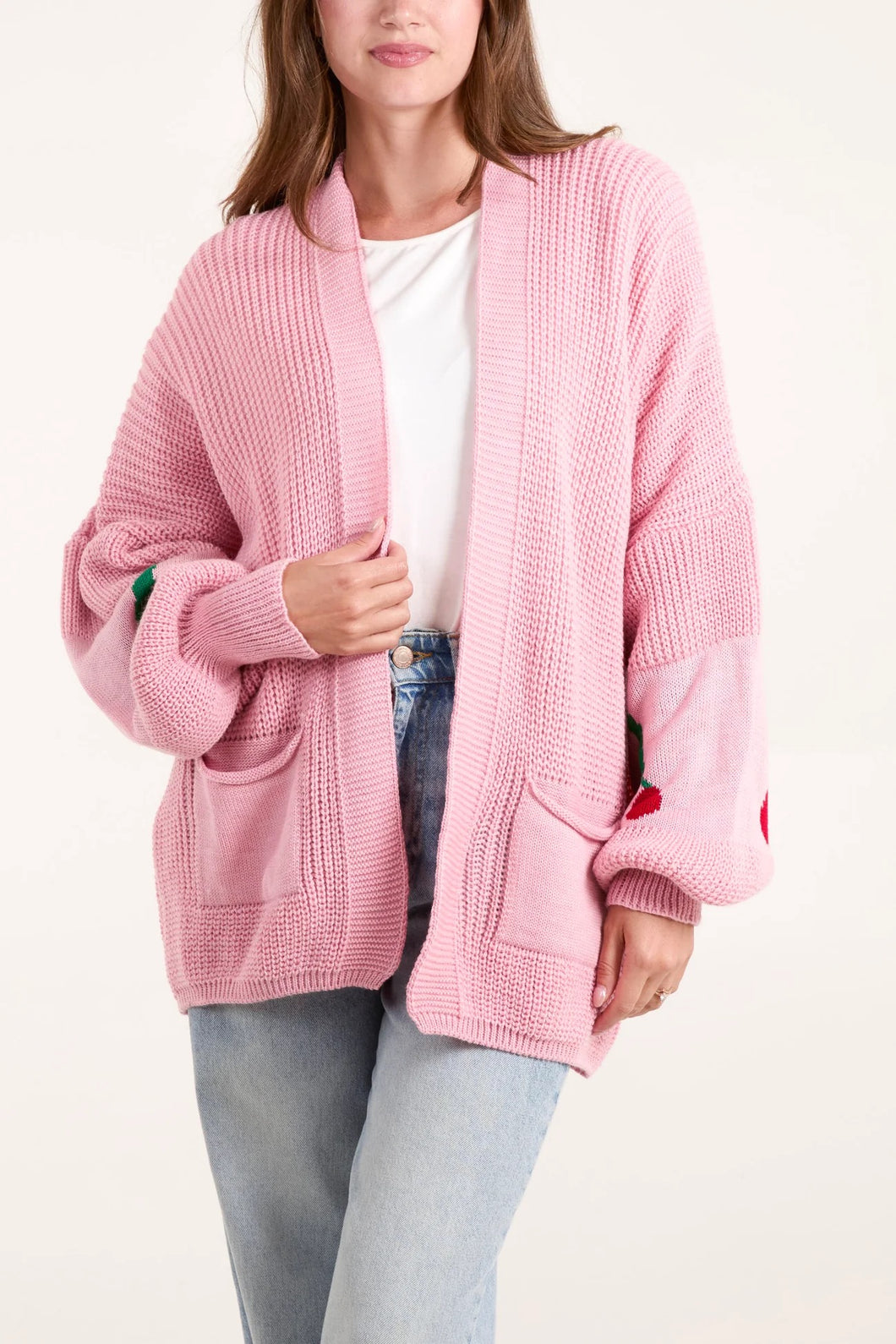 PINK CHERRY PRINT SLEEVE CARDIGAN