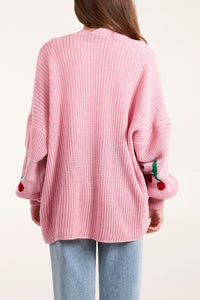 PINK CHERRY PRINT SLEEVE CARDIGAN