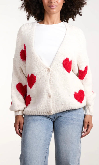 HEART PRINT BUTTON FRONT CARDIGAN