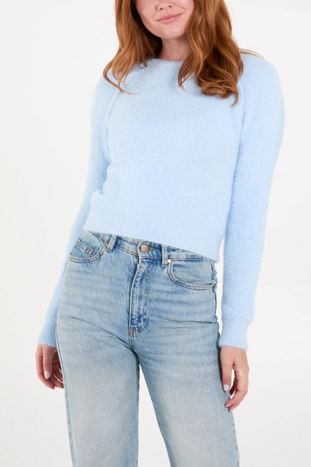 BLUE FLUFFY KNIT CROPPED JUMPER