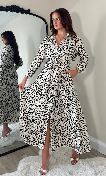 Angela Neutral Animal Print Shirt Maxi Dress