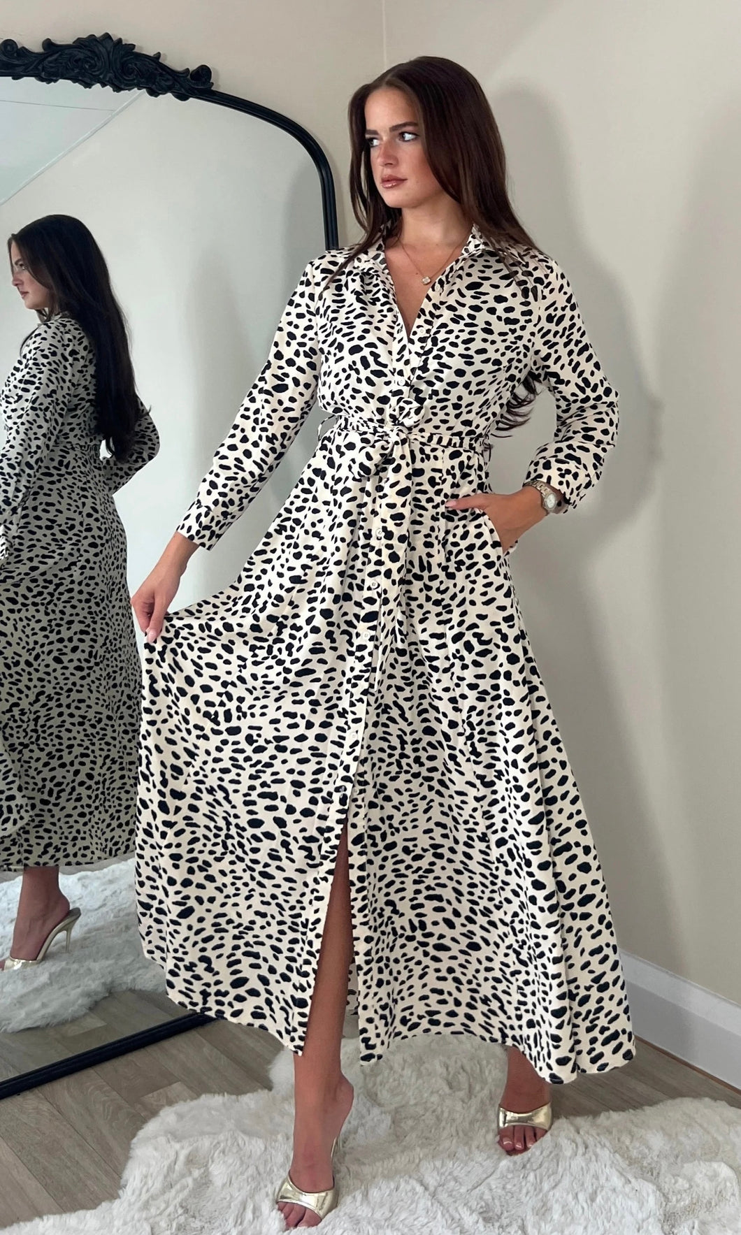 Angela Neutral Animal Print Shirt Maxi Dress