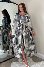 Load image into Gallery viewer, Angela Grey Print Tie Shirt Maxi Dress