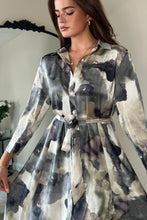 Load image into Gallery viewer, Angela Grey Print Tie Shirt Maxi Dress