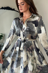 Angela Grey Print Tie Shirt Maxi Dress