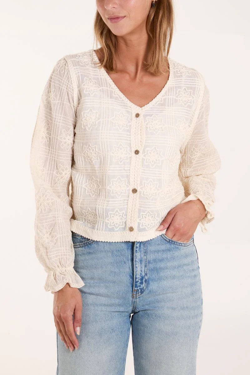 CROCHET & EMBROIDERY V-NECK BUTTON CARDIGAN