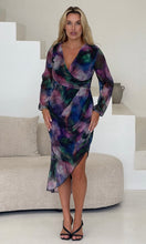 Load image into Gallery viewer, Elsa Purple Shimmer Wrap Midi Dress