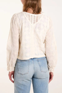 CROCHET & EMBROIDERY V-NECK BUTTON CARDIGAN