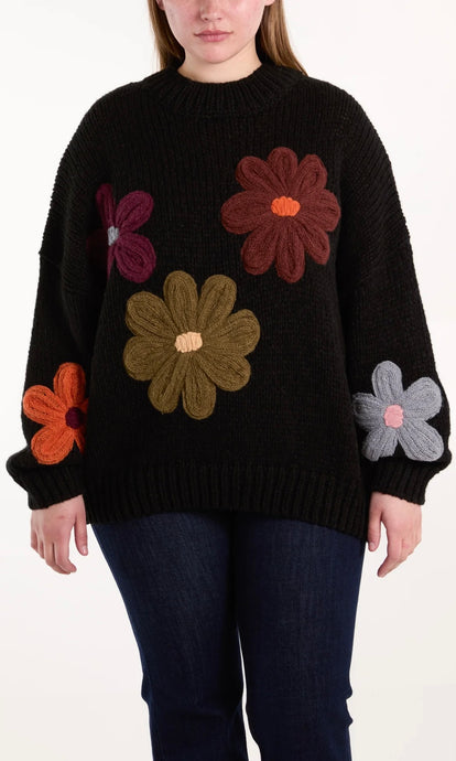 BLACK MULTI COLOUR FLOWERS KNIT JUMPER