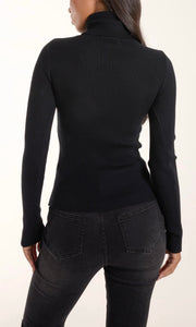 BLACK ROLL NECK RIBBED TOP