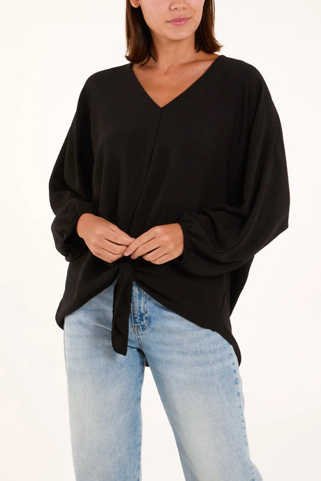 BLACK LONG SLEEVE TIE TOP