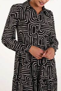 BLACK AND WHITE ABSTRACT GEOMETRIC BUTTON FRONT STRETCH DRESS