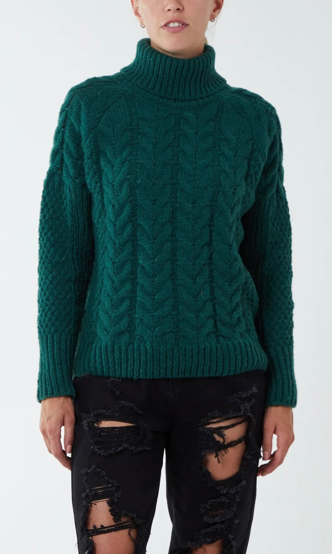 DARK GREEN ROLL NECK KNIT CABLE JUMPER