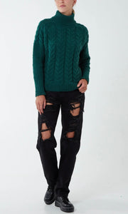 DARK GREEN ROLL NECK KNIT CABLE JUMPER