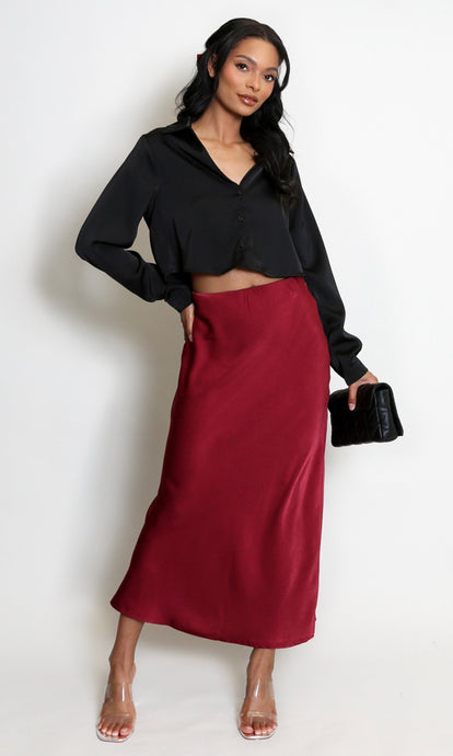 Wine Satin High Waist A-Line Maxi Skirt