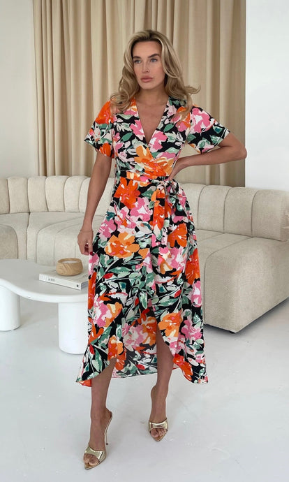 Farrah Orange Floral Split Hem Frill Detail Maxi Dress