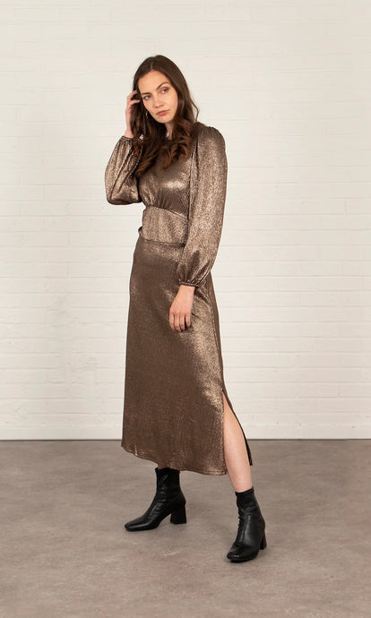 Avery Long Sleeve Tea Dress - Bronze, Metallic Pleat