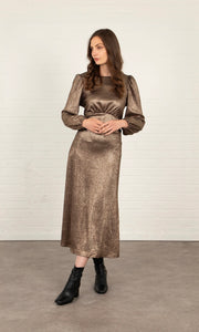 Avery Long Sleeve Tea Dress - Bronze, Metallic Pleat