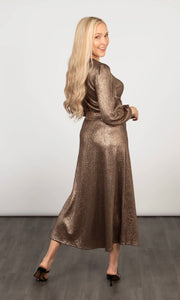 Avery Long Sleeve Tea Dress - Bronze, Metallic Pleat