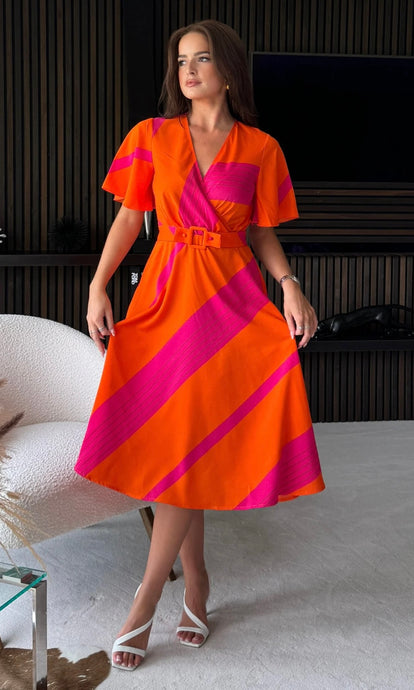 Nadine Orange Stripe Wrap Detail Midi Dress