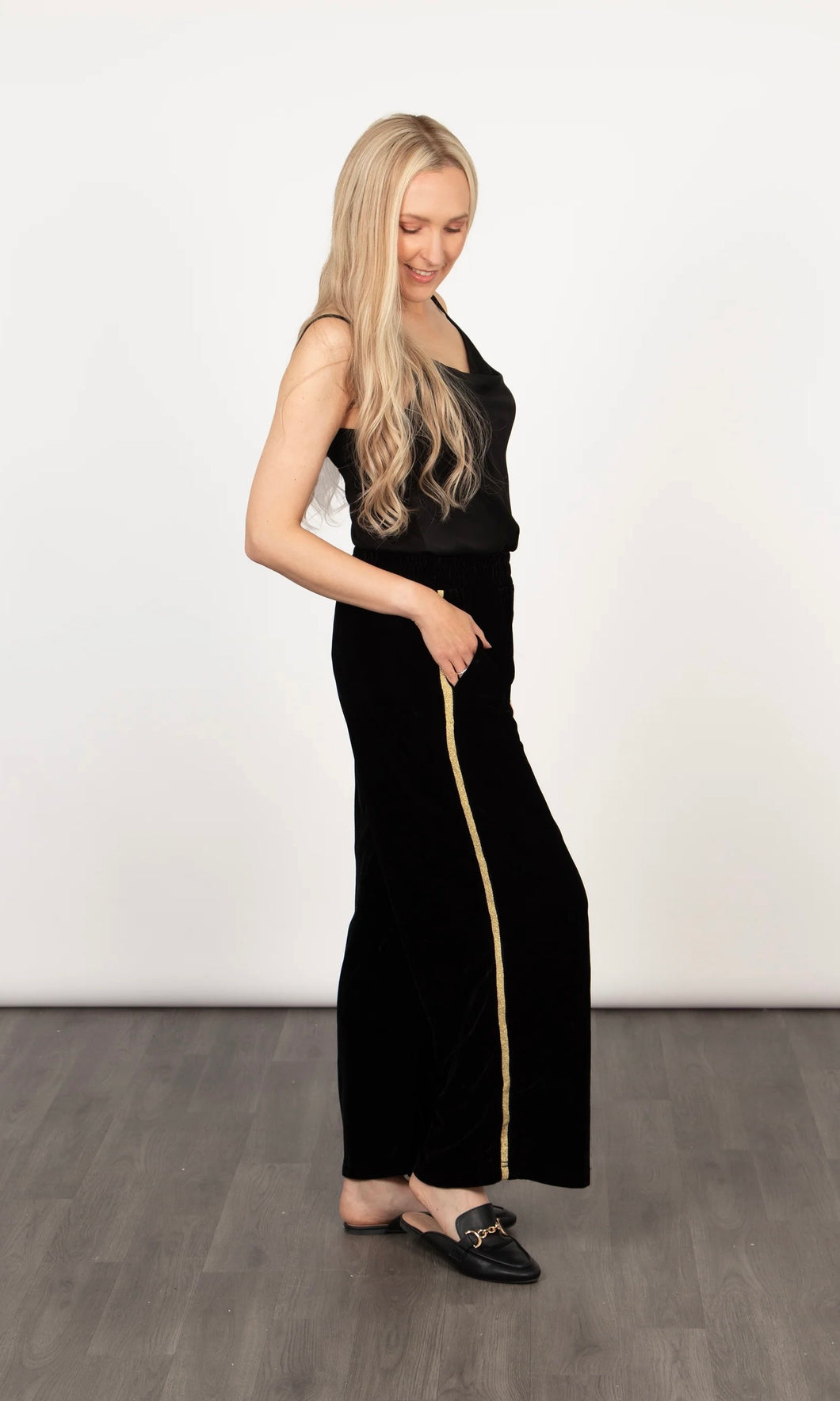 Max Wide Leg Trousers - Black/Gold, Velvet