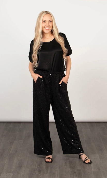 Aria Wide Leg Trouser - Black, Sequin