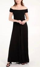 Load image into Gallery viewer, BLACK BARDOT SHIRRED BODICE PLEATED LEG JUMPSUIT