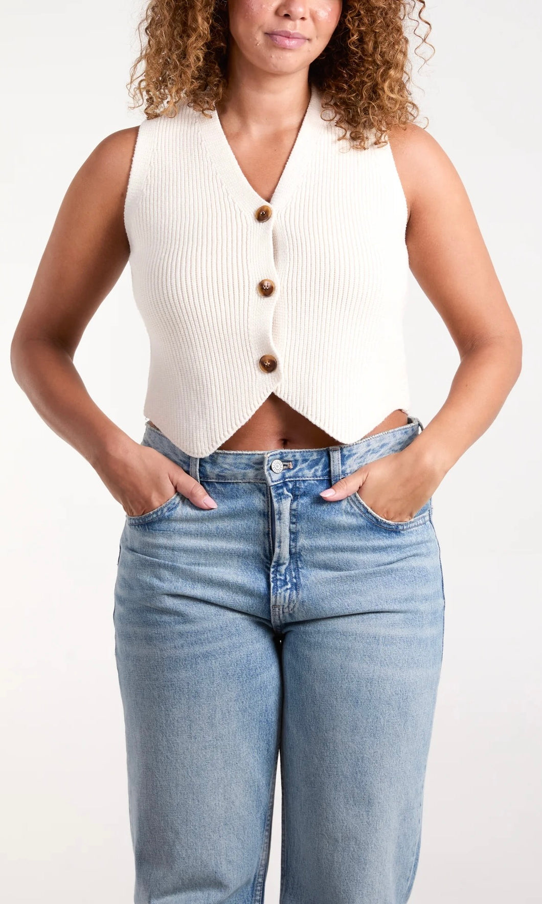 CREAM CROPPED BUTTON DOWN KNITTED WAISTCOAT