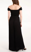 Load image into Gallery viewer, BLACK BARDOT SHIRRED BODICE PLEATED LEG JUMPSUIT