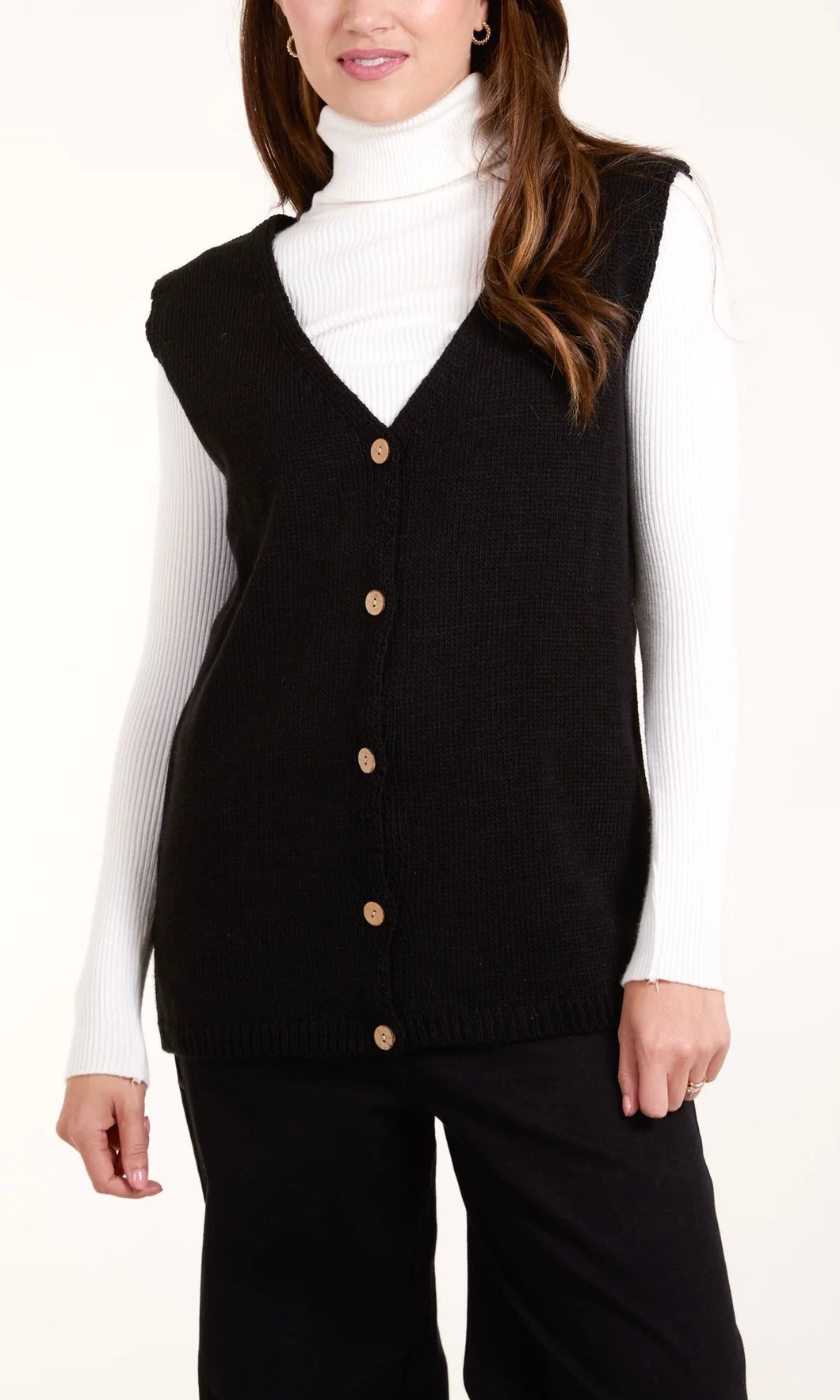 BLACK COCONUT BUTTON V-NECK KNIT WAISTCOAT