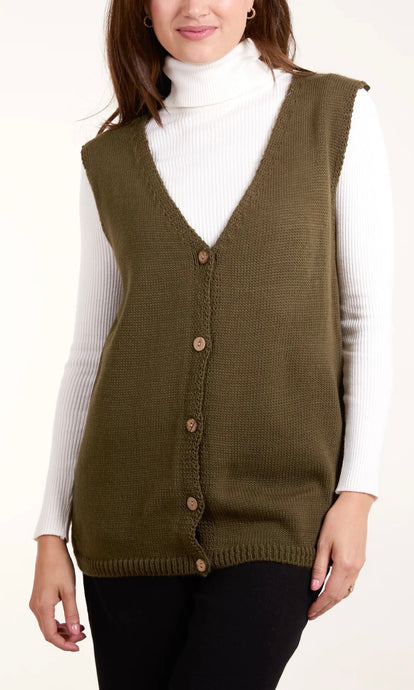 KHAKI COCONUT BUTTON V-NECK KNIT WAISTCOAT