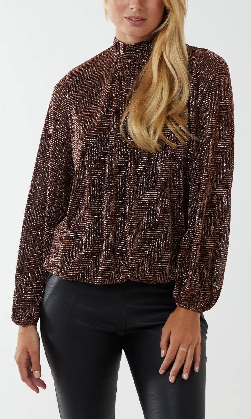 BRONZE PUFFBALL HIGH NECK METALLIC BLOUSE