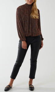 BRONZE PUFFBALL HIGH NECK METALLIC BLOUSE