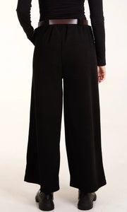 BLACK RIBBED KNIT STRAIGHT LEG BELTED TROUSER