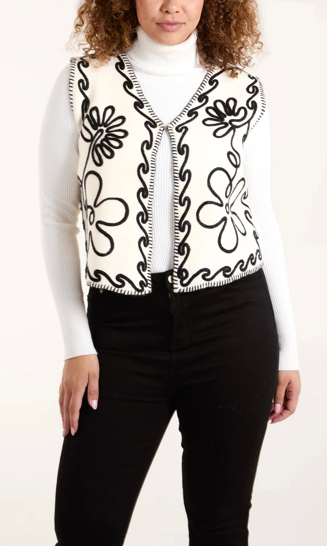 ABSTRACT FLOWER EMBROIDERED CONTRAST STITCH WAISTCOAT