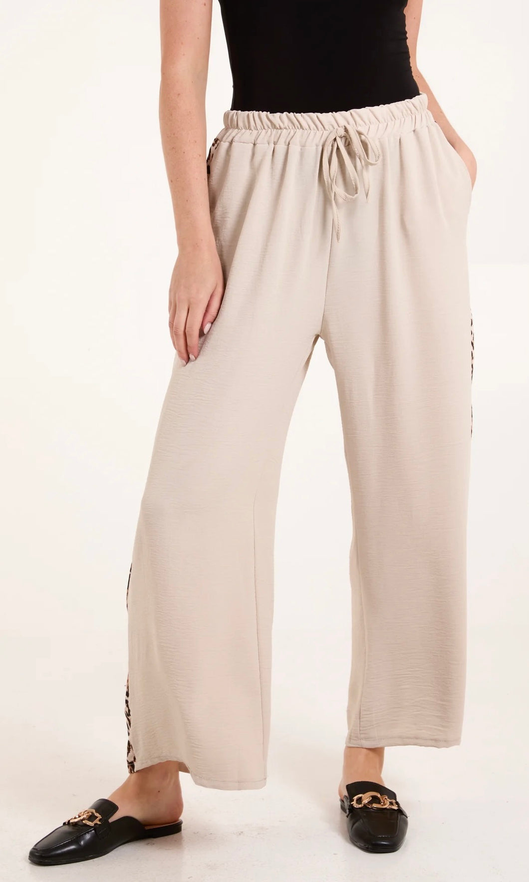 CREAM LEOPARD SIDE STRIPE WIDE LEG TROUSERS