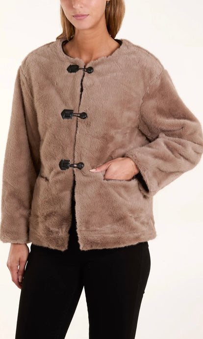 MOCHA COLLARLESS TOGGLE DETAIL FUR JACKET