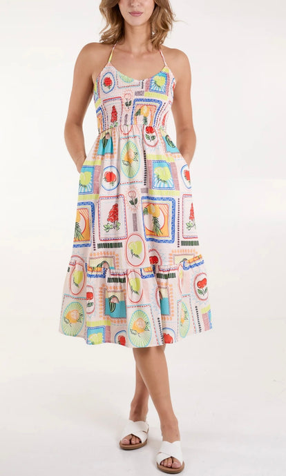 FRUIT PRINT HALTER NECK SHIRRED MIDI DRESS  Sale price