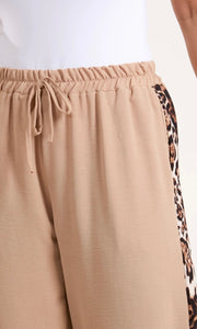 CAMEL LEOPARD SIDE STRIPE WIDE LEG TROUSERS