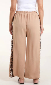 CAMEL LEOPARD SIDE STRIPE WIDE LEG TROUSERS