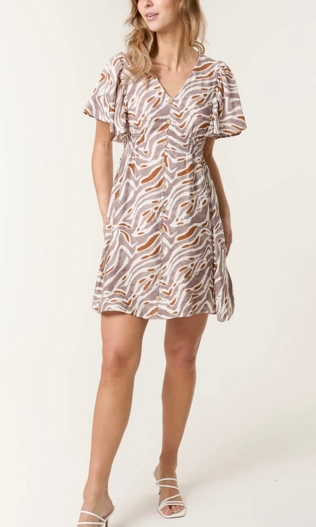 BEIGE ANIMAL PRINT COCONUT BUTTON THROUGH DRESS