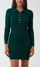 Load image into Gallery viewer, GOLD BUTTON COLLARED RIB GREEN MINI JUMPER DRESS